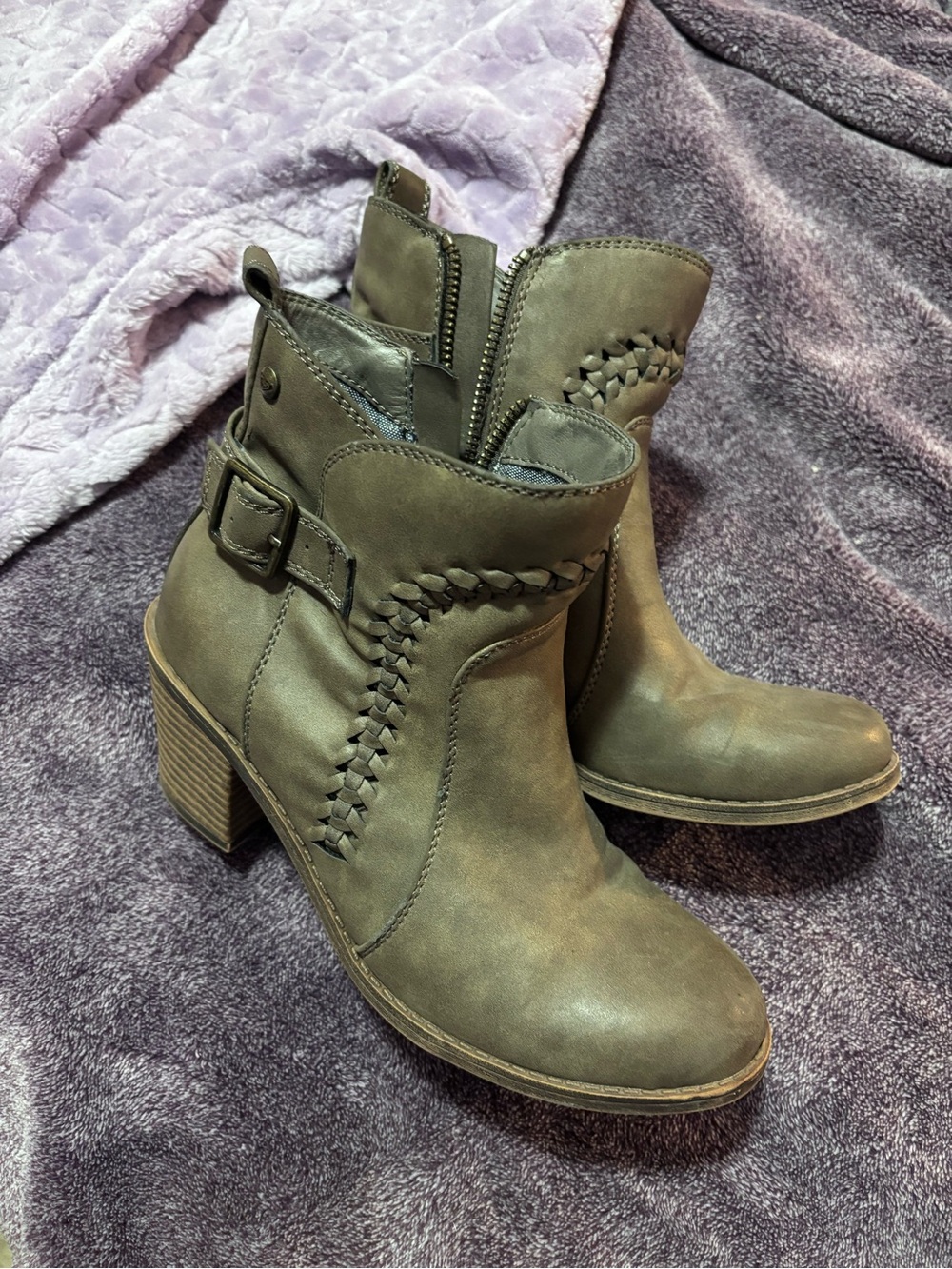 Roxy Olive Taupe Braided Ankle Booties with Block Heel